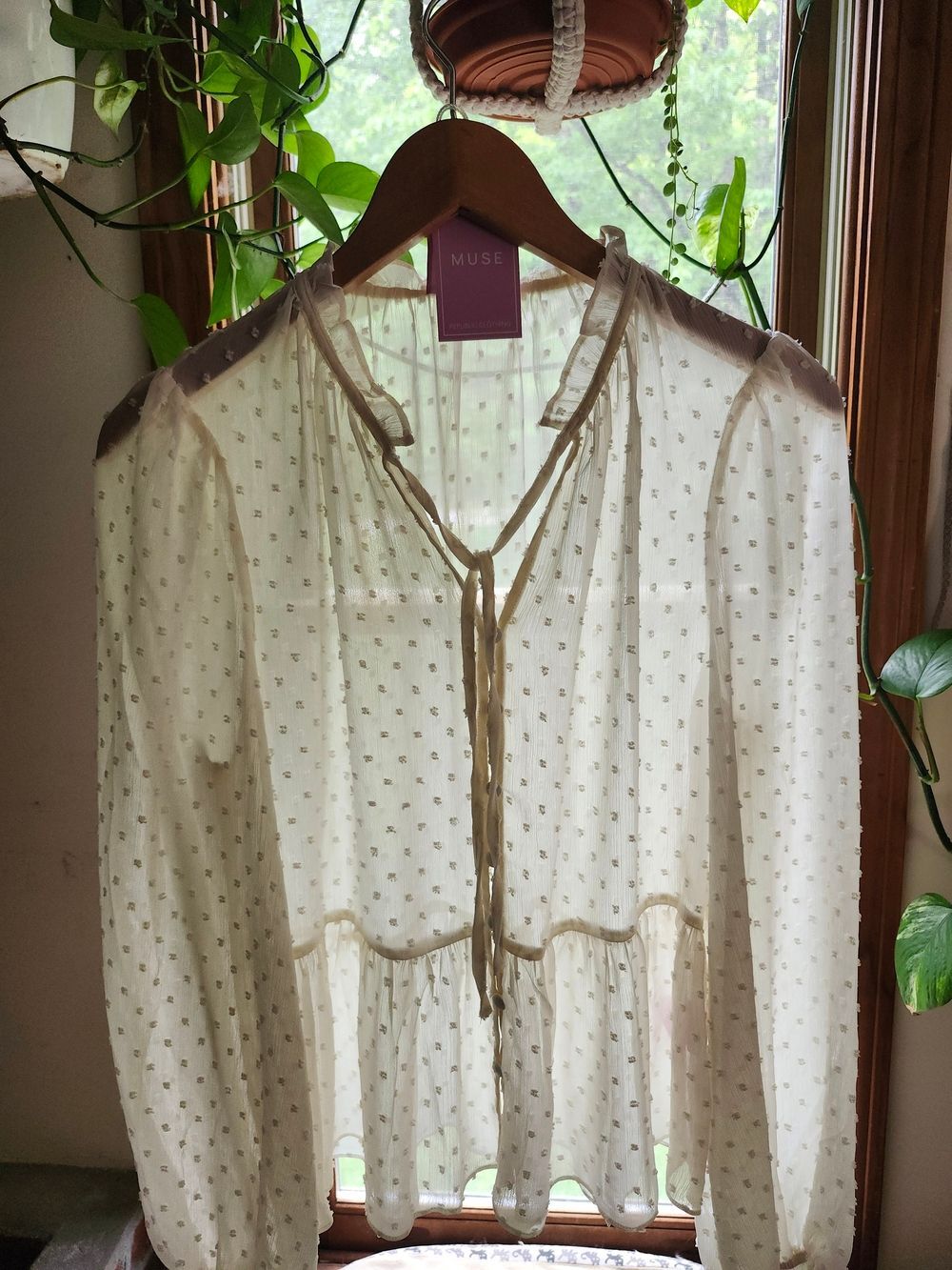 Muse Ivory Sheer Swiss-Dot Peplum Tie-Neck Blouse